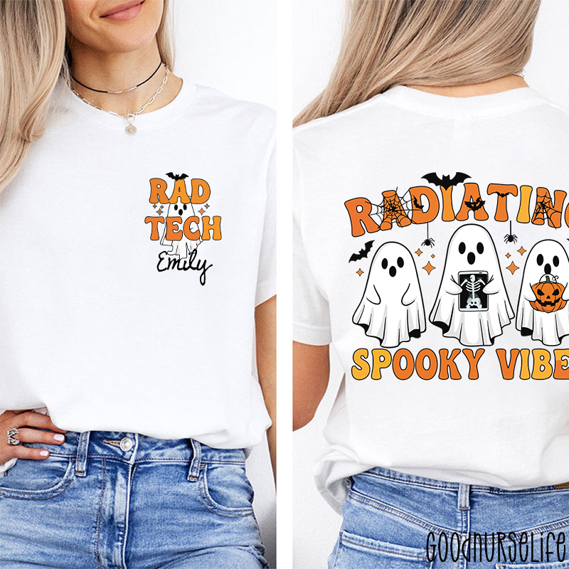 Personalized Name Radiating Spooky Vibes Halloween Two Sided T-Shirt