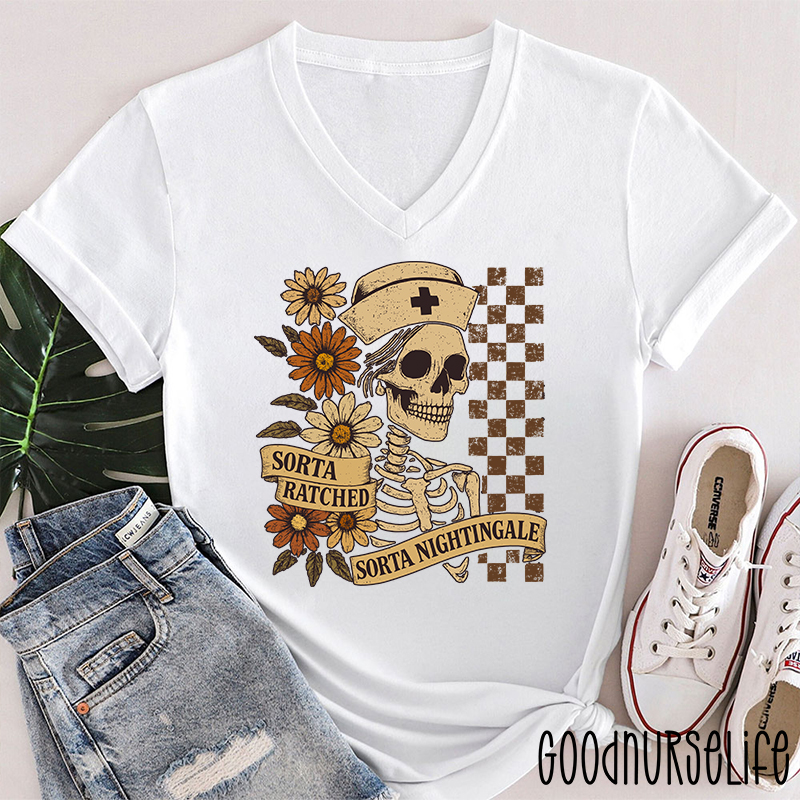 Retro Flower Sorta Ratched Sorta Nightingale  Female V-Neck T-Shirt