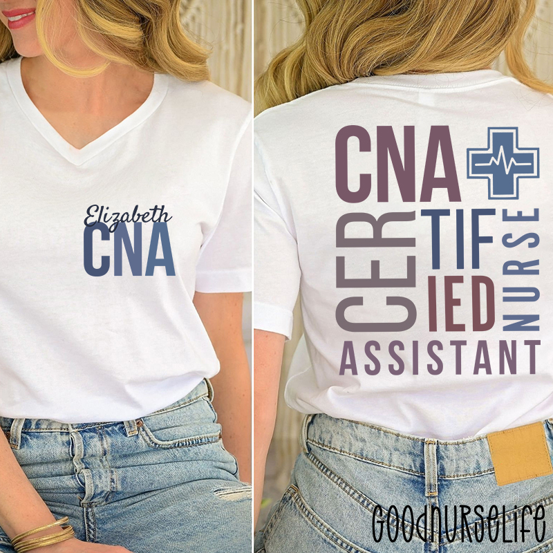 Personalized Name CNA Certified Nursing Assistant Nurse Female V-Neck Two Sided T-Shirt