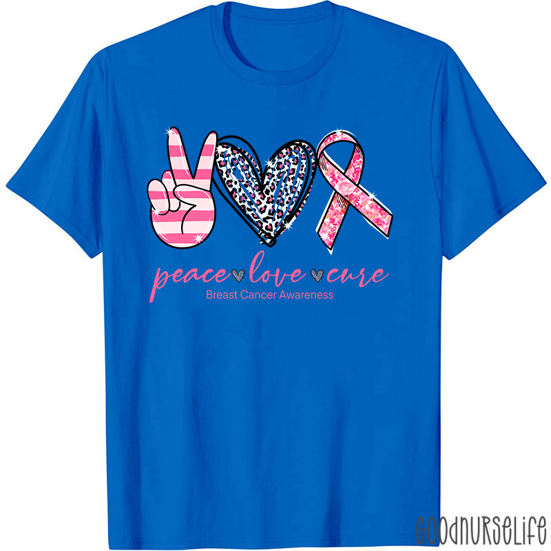 Heart Shape Peace Love Cure Breast Cancer Awareness T-Shirt