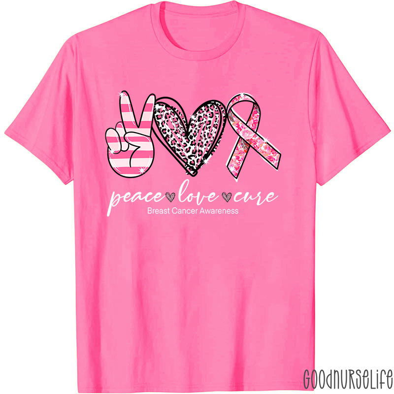 Heart Shape Peace Love Cure Breast Cancer Awareness T-Shirt