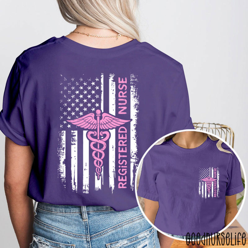 USA Flag Patriotic Registered Nurse American Flag Two Sided T-Shirt