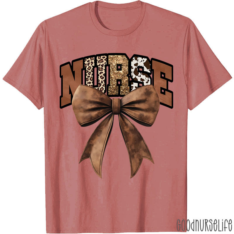 Western Gold Glitter Brown Leather Bow Nurse T-Shirt