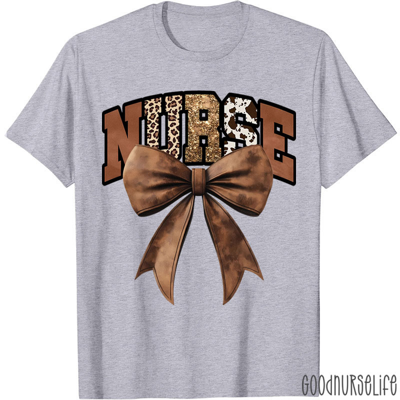 Western Gold Glitter Brown Leather Bow Nurse T-Shirt