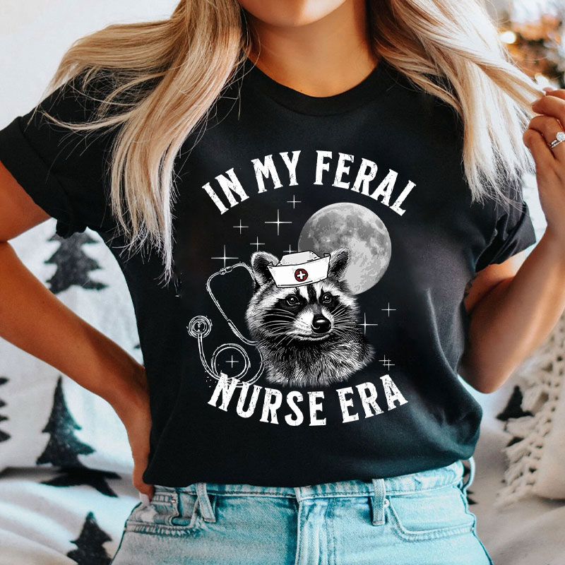 Feral Nurse Retro Raccoon Moon Nurse T-Shirt