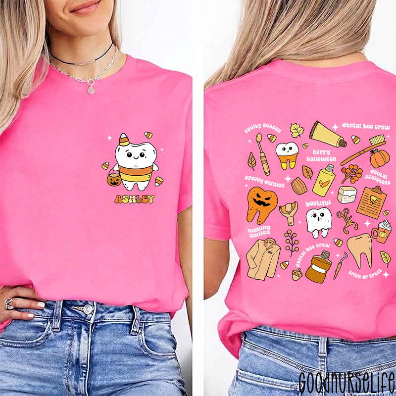 Personalized Halloween Spooky And Cute Dental Two Sided T-Shirt