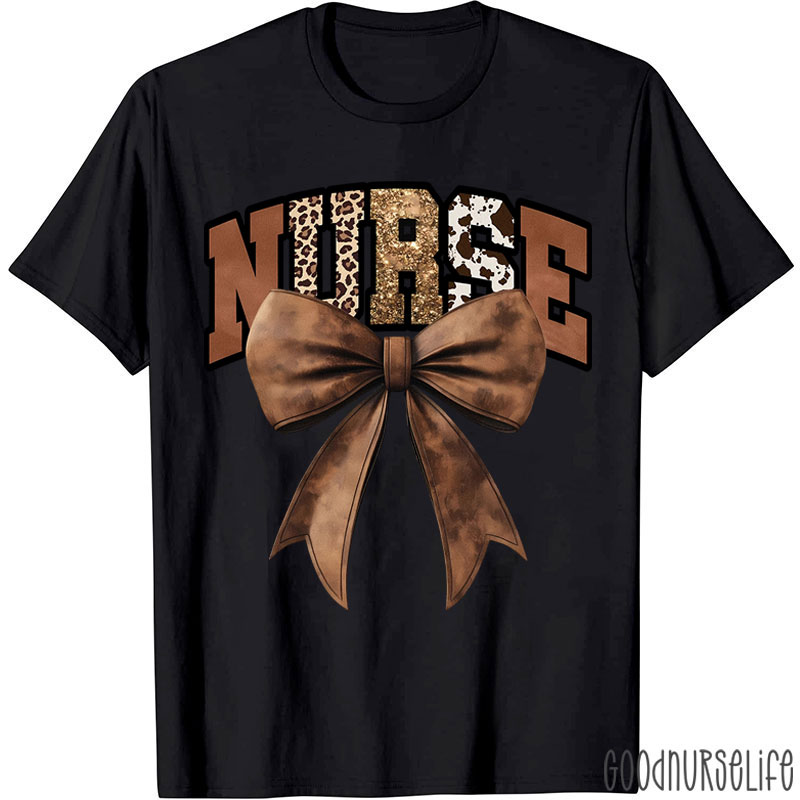 Western Gold Glitter Brown Leather Bow Nurse T-Shirt