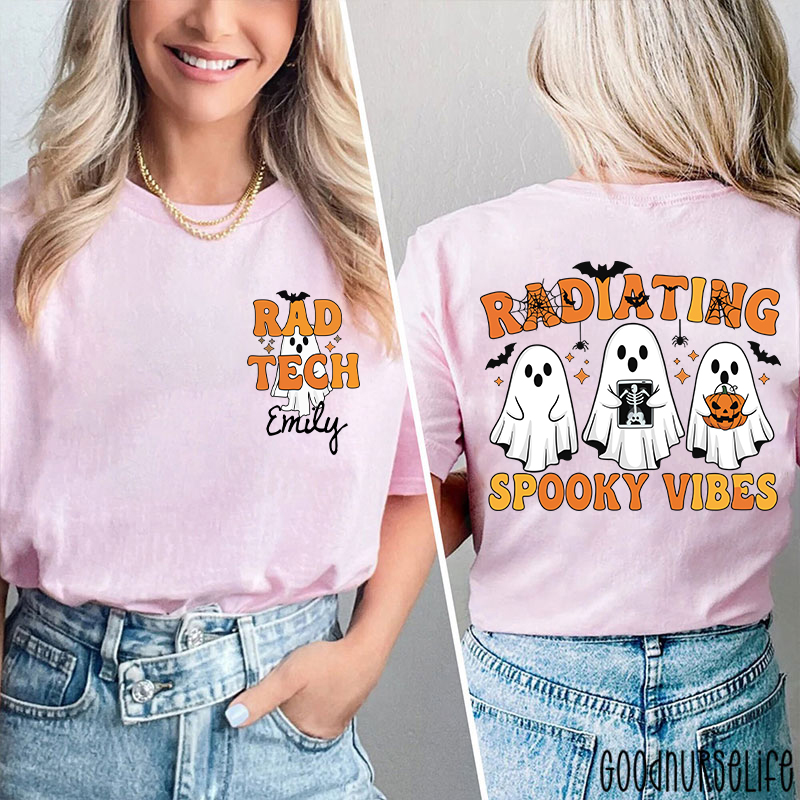 Personalized Name Radiating Spooky Vibes Halloween Two Sided T-Shirt