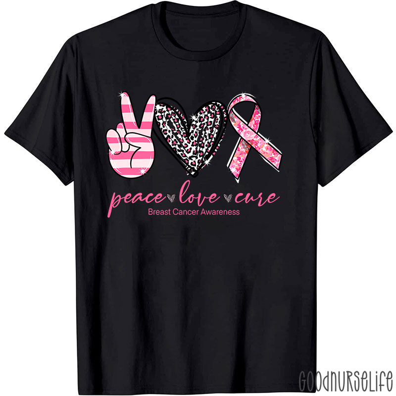 Heart Shape Peace Love Cure Breast Cancer Awareness T-Shirt