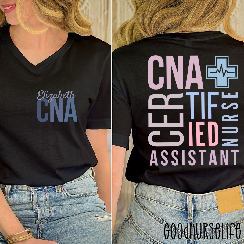 Personalized Name CNA Certified Nursing Assistant Nurse Female V-Neck Two Sided T-Shirt