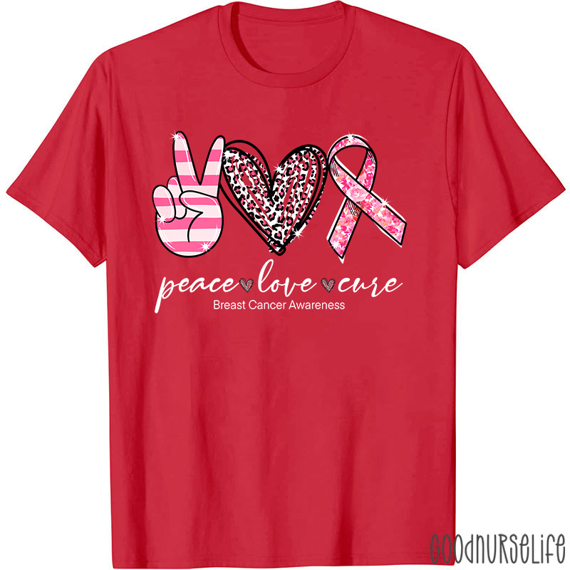 Heart Shape Peace Love Cure Breast Cancer Awareness T-Shirt