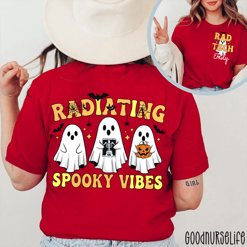 Personalized Name Radiating Spooky Vibes Halloween Two Sided T-Shirt