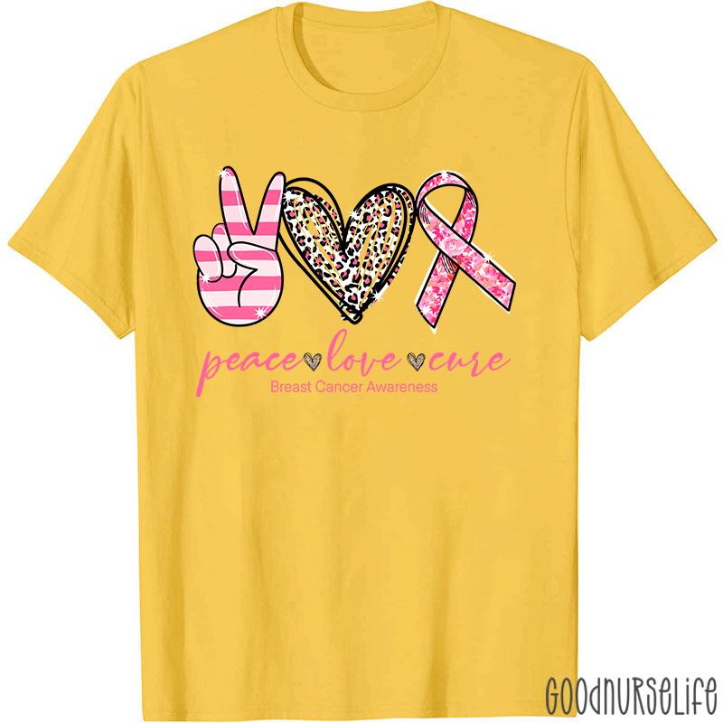 Heart Shape Peace Love Cure Breast Cancer Awareness T-Shirt