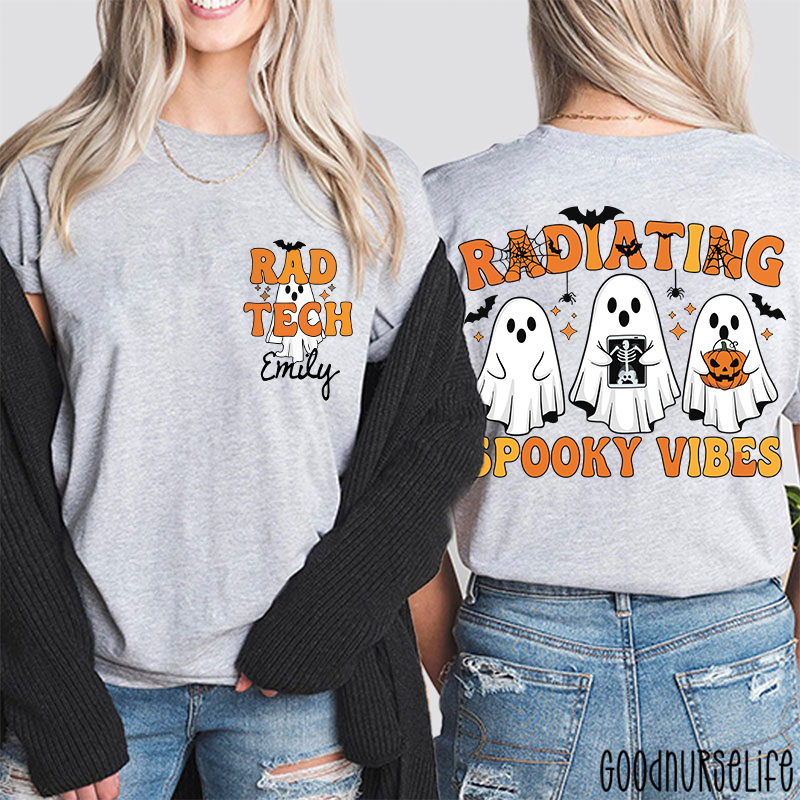 Personalized Name Radiating Spooky Vibes Halloween Two Sided T-Shirt