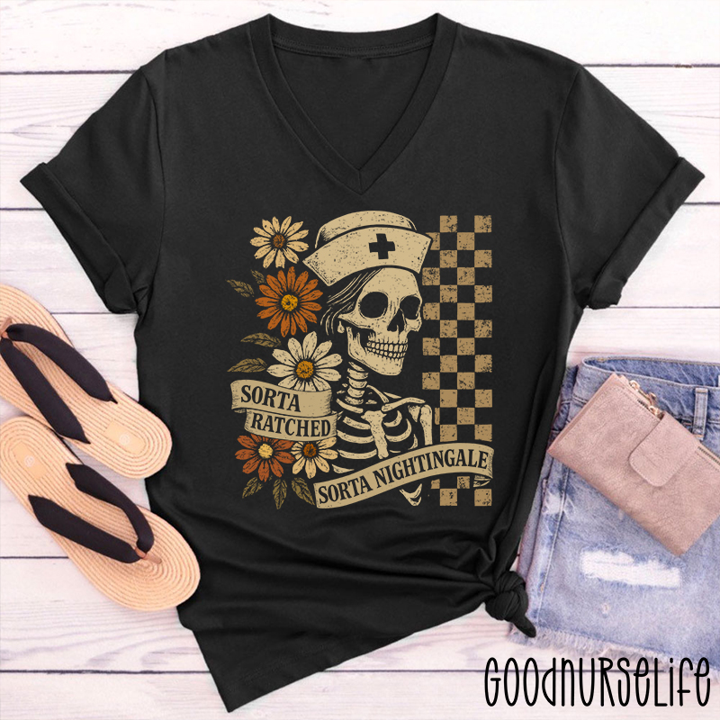 Retro Flower Sorta Ratched Sorta Nightingale  Female V-Neck T-Shirt