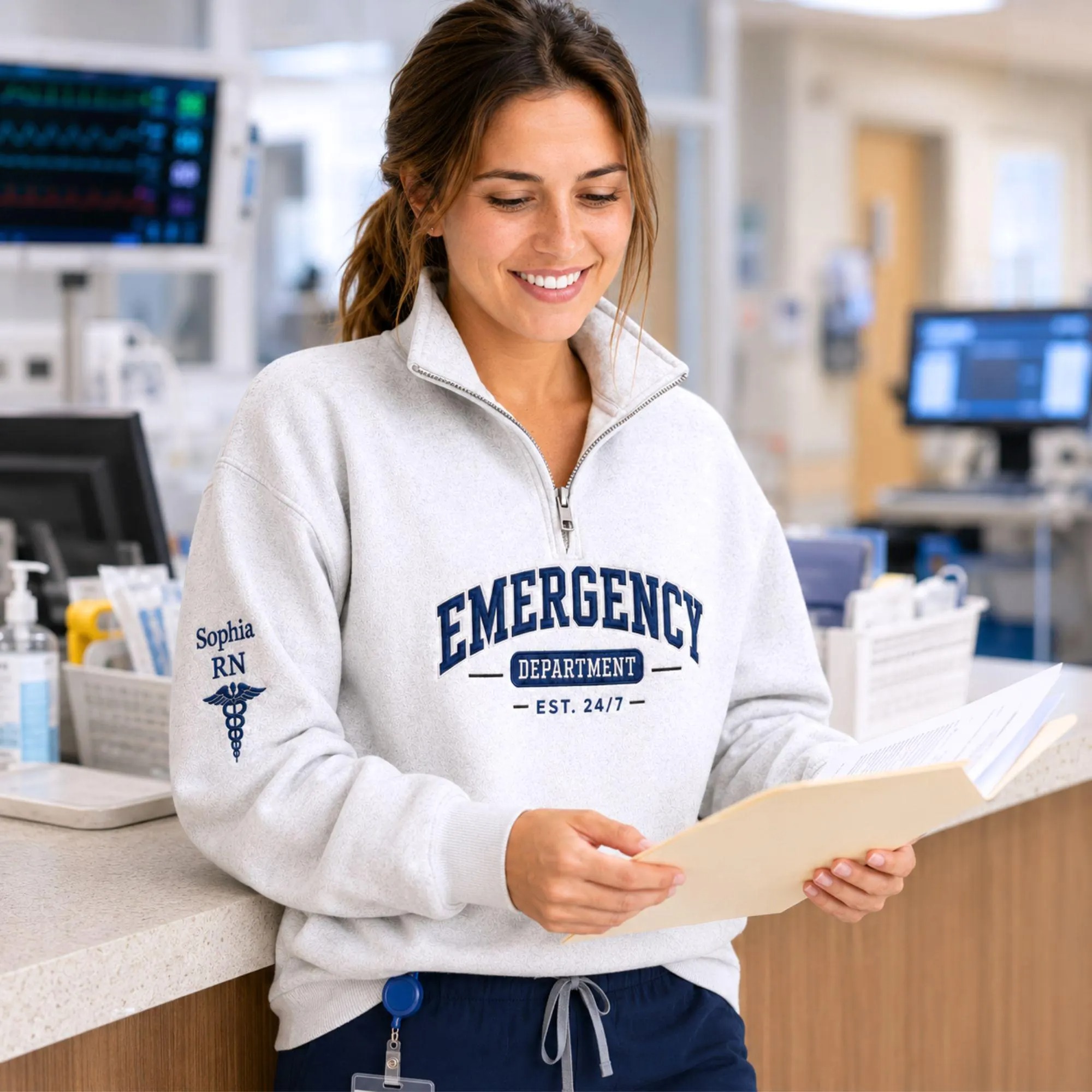 Personalized Name Embroidered Emergency Department Nurse Quarter Zip Sweatshirt