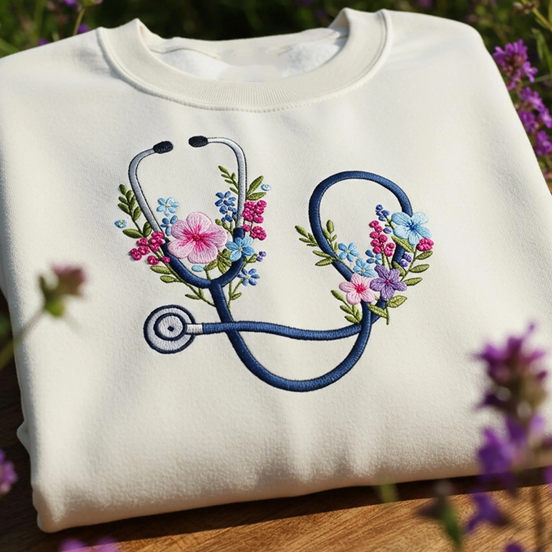 Embroidered Flower Stethoscope Nurse Sweatshirt