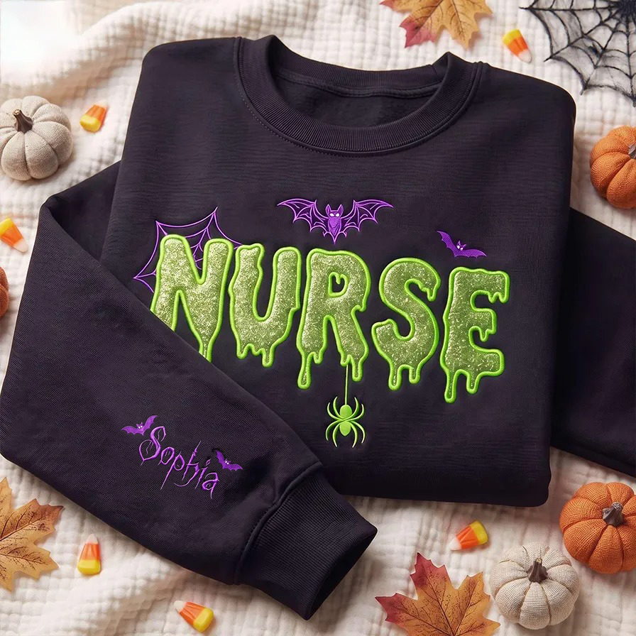 Personalized Halloween Glitter Spooky Nurse Embroidered Glitter Sweatshirt