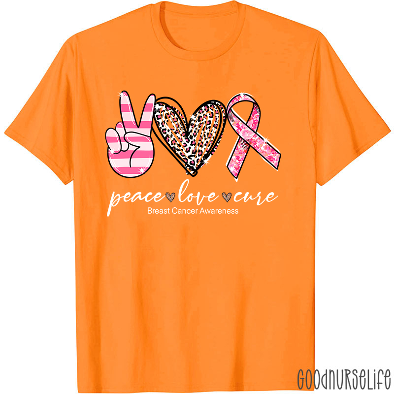 Heart Shape Peace Love Cure Breast Cancer Awareness T-Shirt