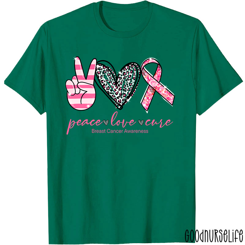 Heart Shape Peace Love Cure Breast Cancer Awareness T-Shirt
