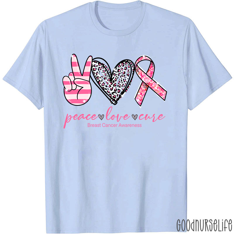Heart Shape Peace Love Cure Breast Cancer Awareness T-Shirt