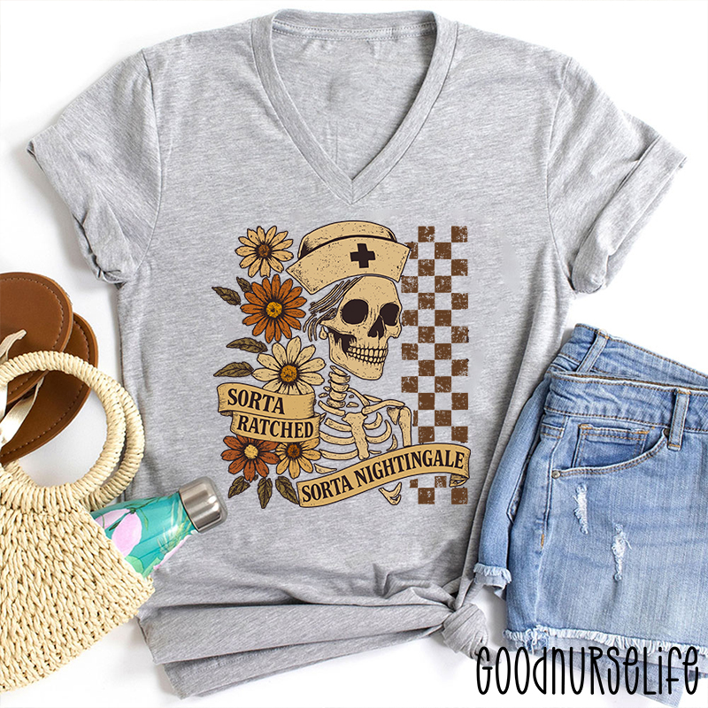 Retro Flower Sorta Ratched Sorta Nightingale  Female V-Neck T-Shirt