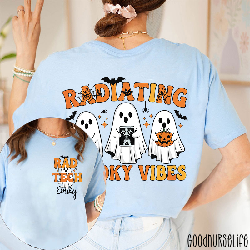 Personalized Name Radiating Spooky Vibes Halloween Two Sided T-Shirt