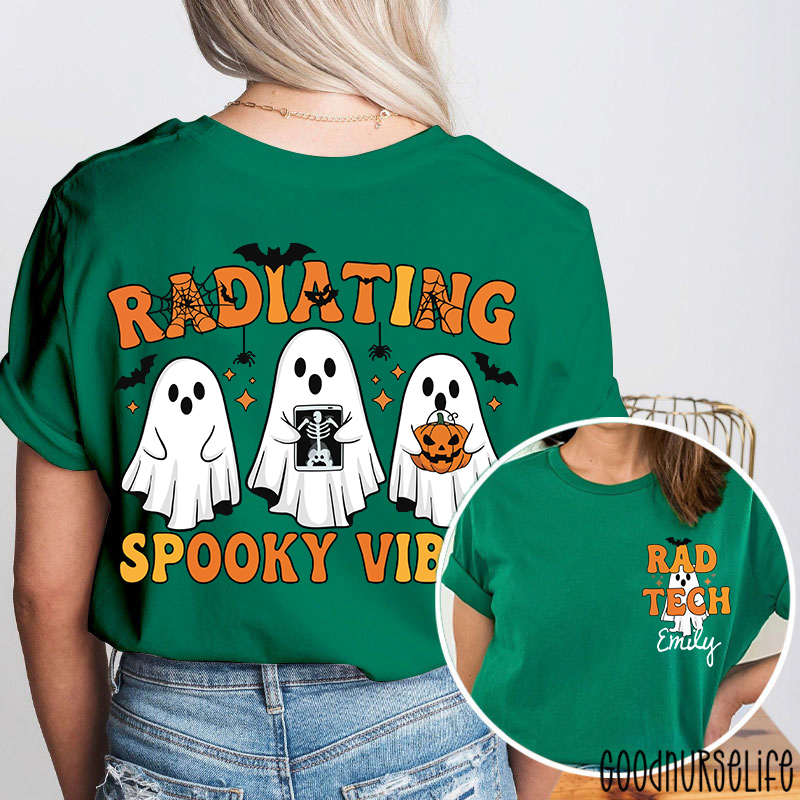 Personalized Name Radiating Spooky Vibes Halloween Two Sided T-Shirt
