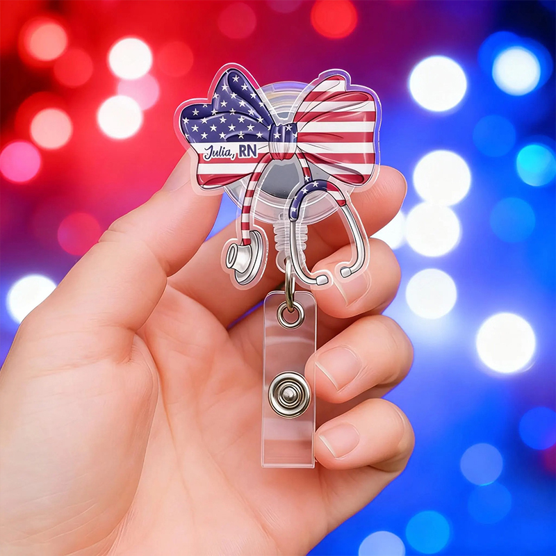Personalized America Flag Stethoscope Bow Badge Reel
