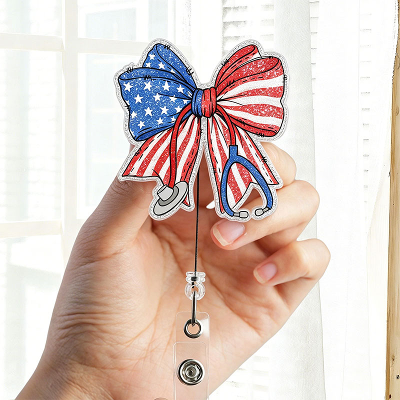 American Flag Stethoscope Bow Badge Reel