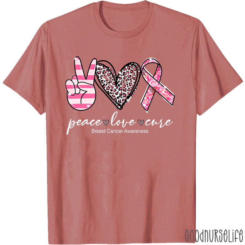 Heart Shape Peace Love Cure Breast Cancer Awareness T-Shirt