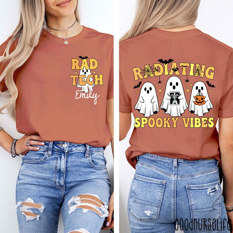 Personalized Name Radiating Spooky Vibes Halloween Two Sided T-Shirt