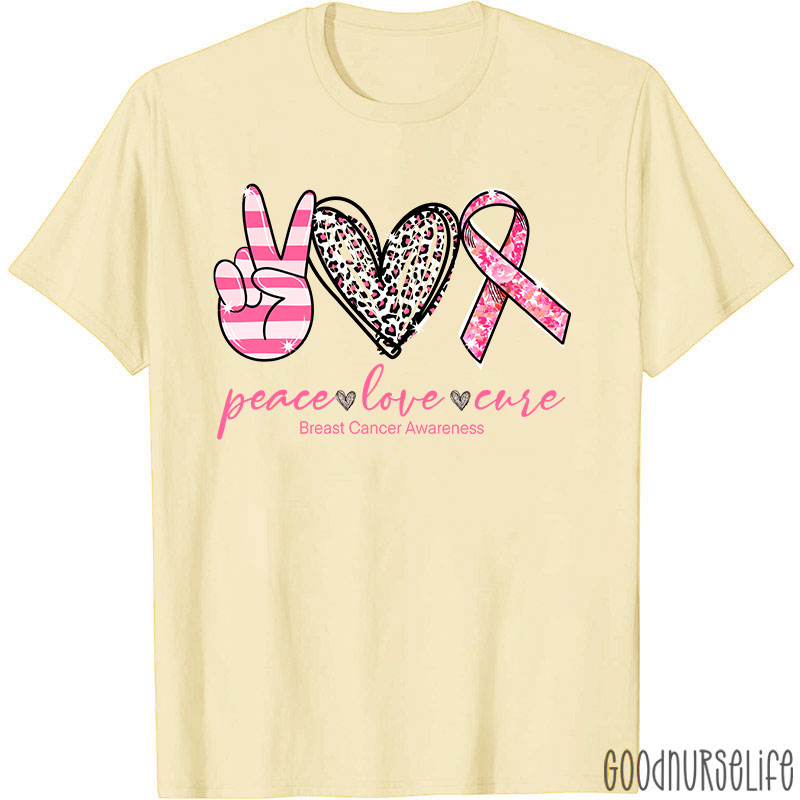 Heart Shape Peace Love Cure Breast Cancer Awareness T-Shirt