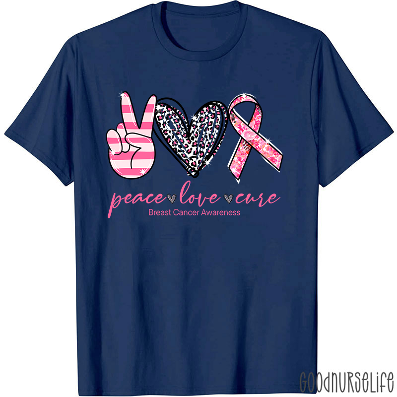 Heart Shape Peace Love Cure Breast Cancer Awareness T-Shirt