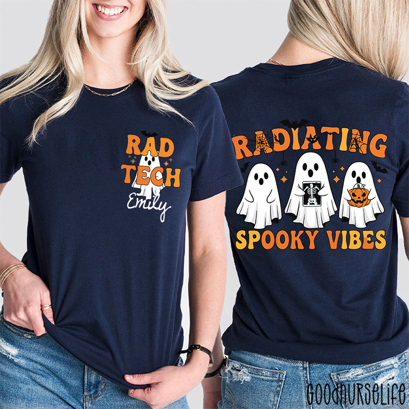 Personalized Name Radiating Spooky Vibes Halloween Two Sided T-Shirt