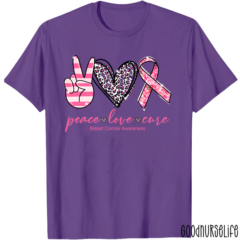 Heart Shape Peace Love Cure Breast Cancer Awareness T-Shirt