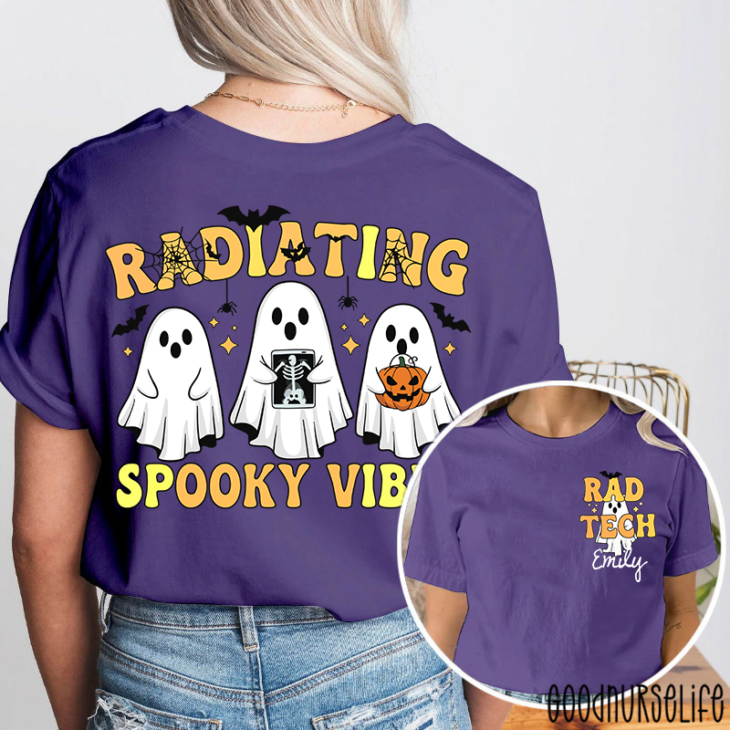 Personalized Name Radiating Spooky Vibes Halloween Two Sided T-Shirt