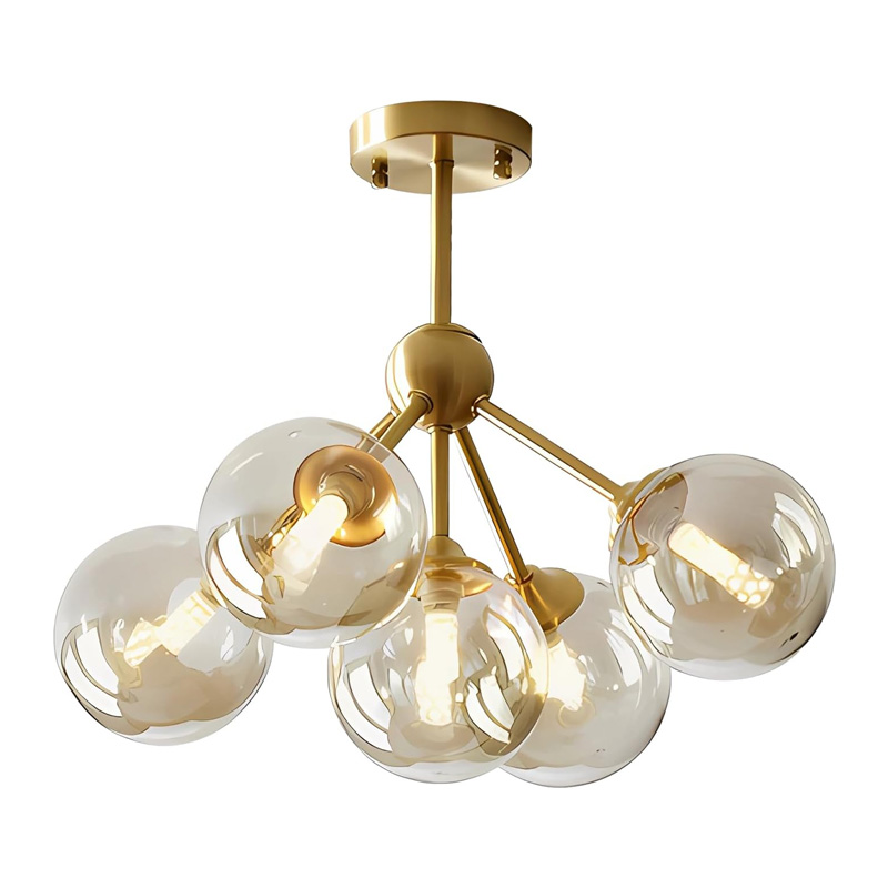 KCO 5 Lights Amber Glass Globes Brass Close to Ceiling Light (C9044)