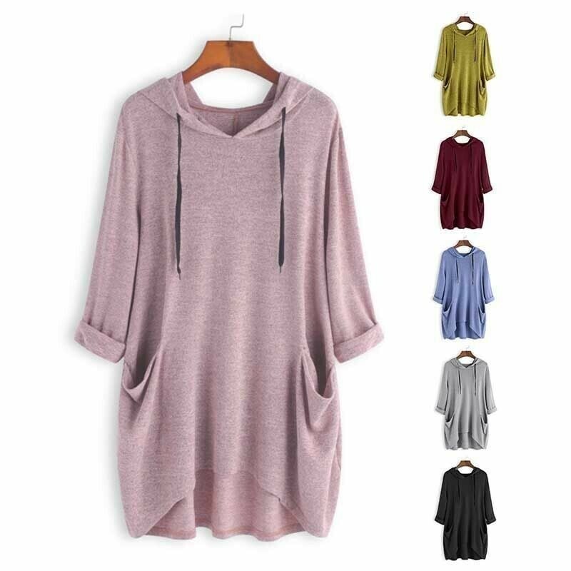 Women's Hooded Solid Color Loose Sweatshirt, Irregular Pocket Top