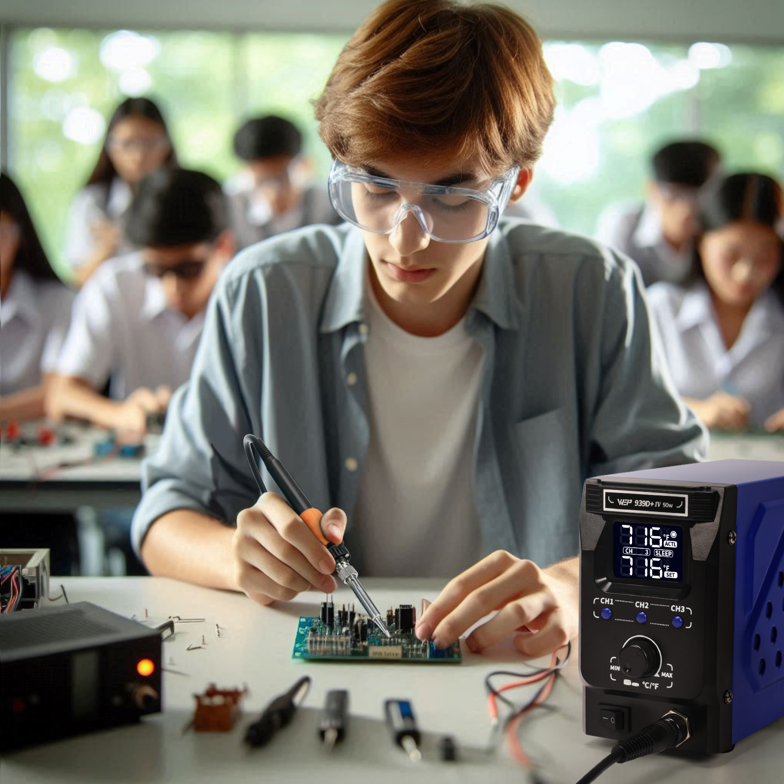 A student is soldering with WEP 939D+IV in the classroom