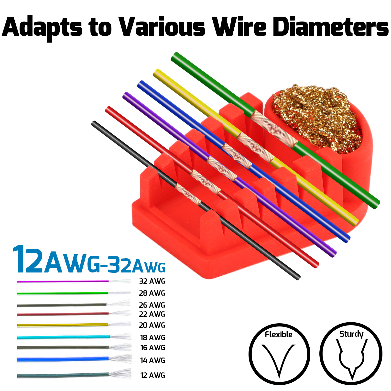 A solder wire holder fitting with various wire sizes