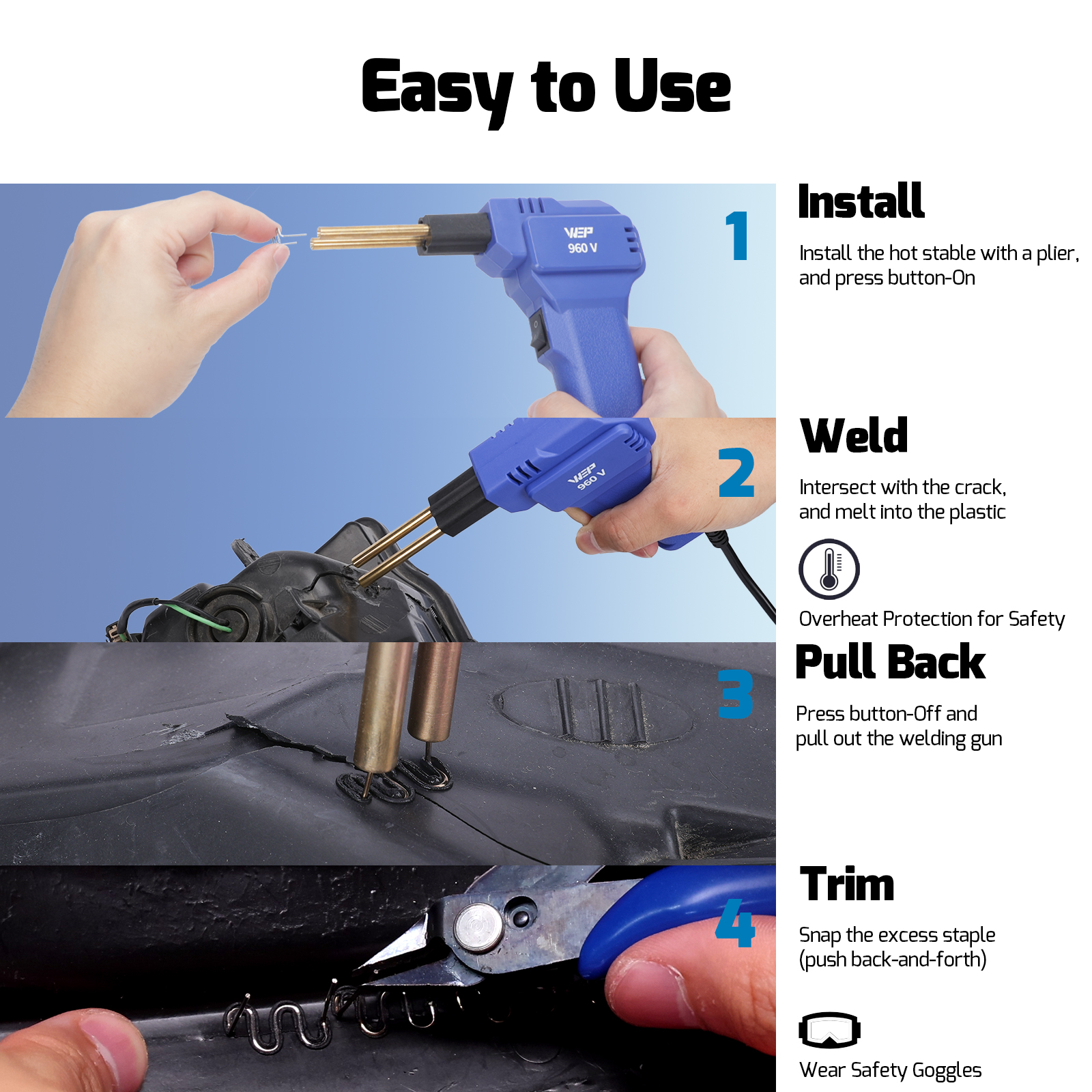 960 V Portable Plastic Welding Kit Hot Stapler with LED Light