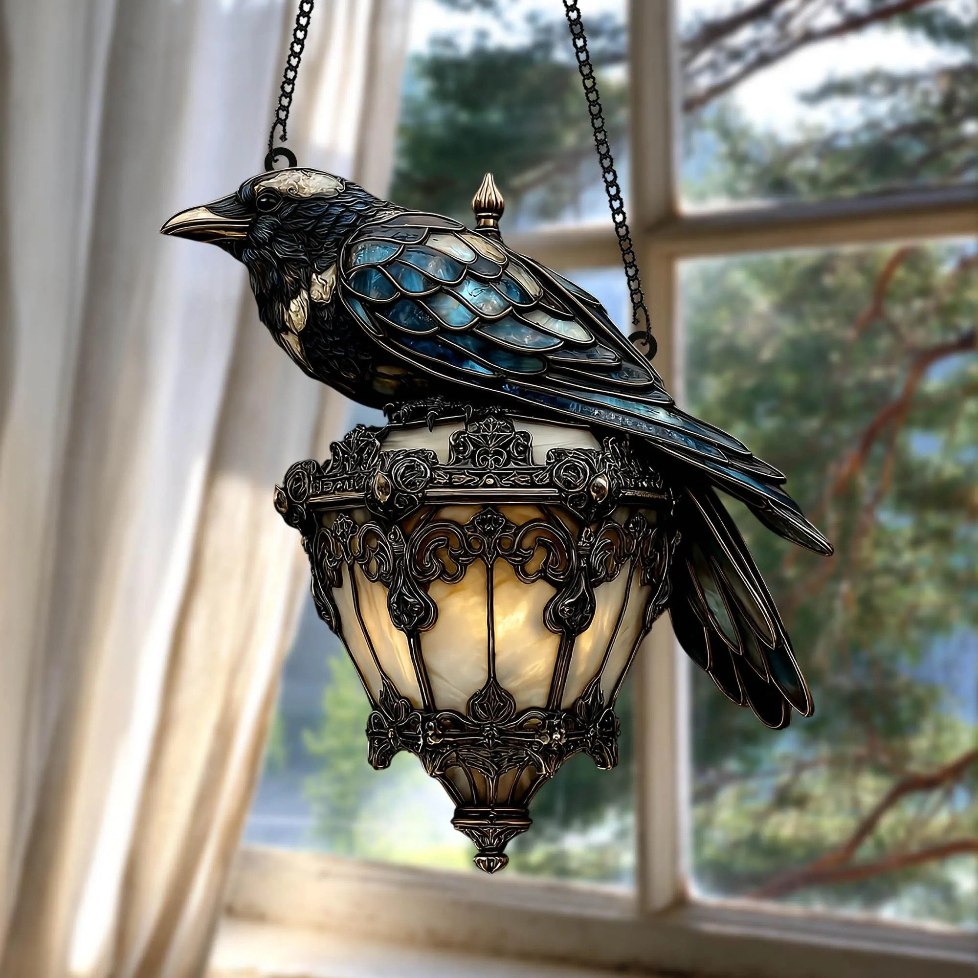 🔥LAST DAY 49% OFF - 2025 Gothic Crow Stained Glass Hanging Pendant Lamp Decoration