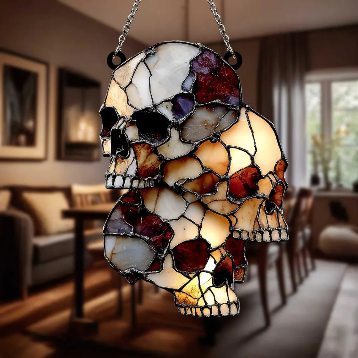 💀 Gothic Skull Cluster Suncatcher – Faux Stained Glass Halloween Decor with Horror Skull