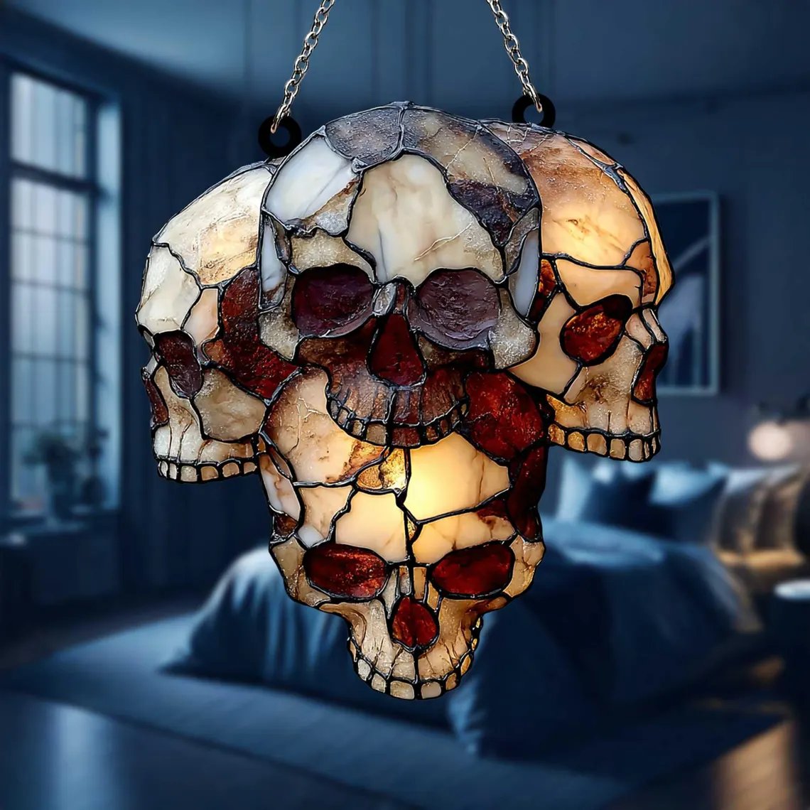 💀 Gothic Skull Cluster Suncatcher – Faux Stained Glass Halloween Decor with Horror Skull
