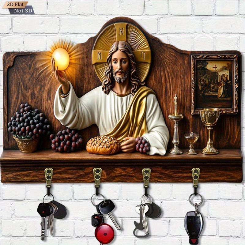 2D plan, 1 piece, communion themed wooden multifunctional home key holder (11.8 "X99"), with four metal hooks, wall decoration, porch decoration, room decoration, villa decoration, four season home decoration, 2D plan 2D plan, 1 piece, communion themed wooden multifunctional home key holder (11.8 "X99"), with four metal hooks, wall decoration, porch decoration, room decoration, villa decoration, four season home decoration, 2D plan