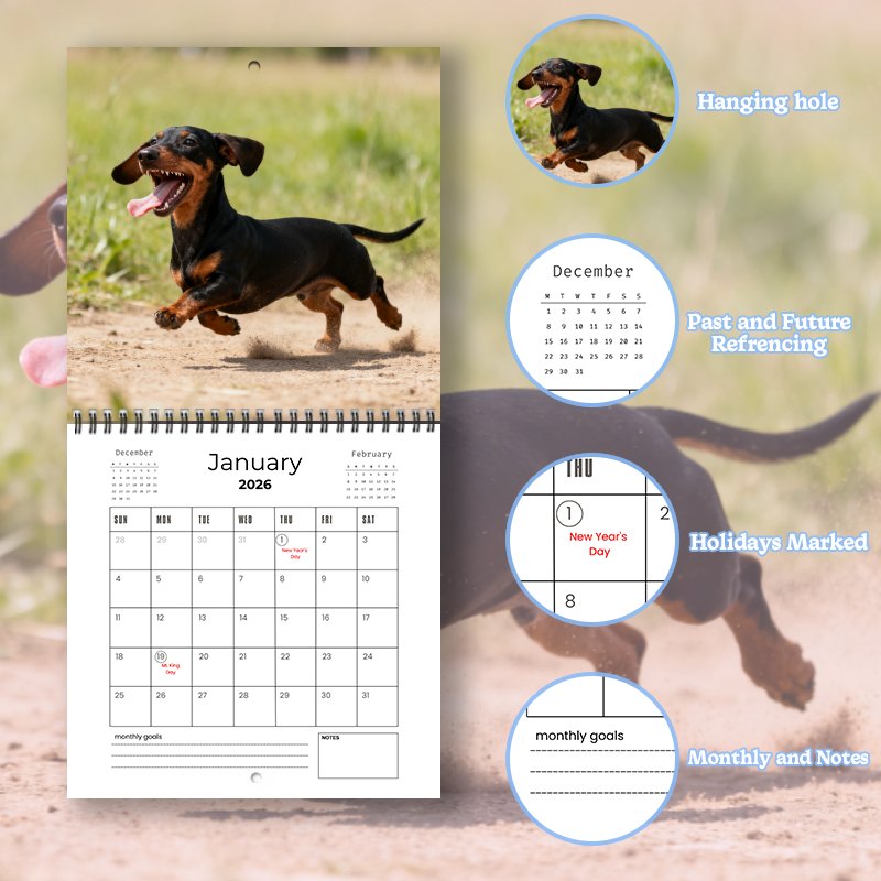 2026 Funny Dachshund Wall Calendar – Cute Puppy Monthly Planner,12-Month Gift for Dog Lovers