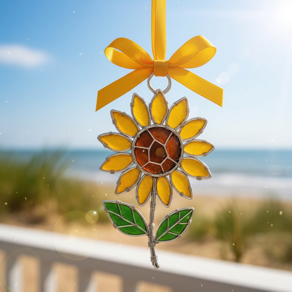 🎄The "Coastal Blooms" Collection: Handmade Sea Glass Flower Ornaments with Meaning Card