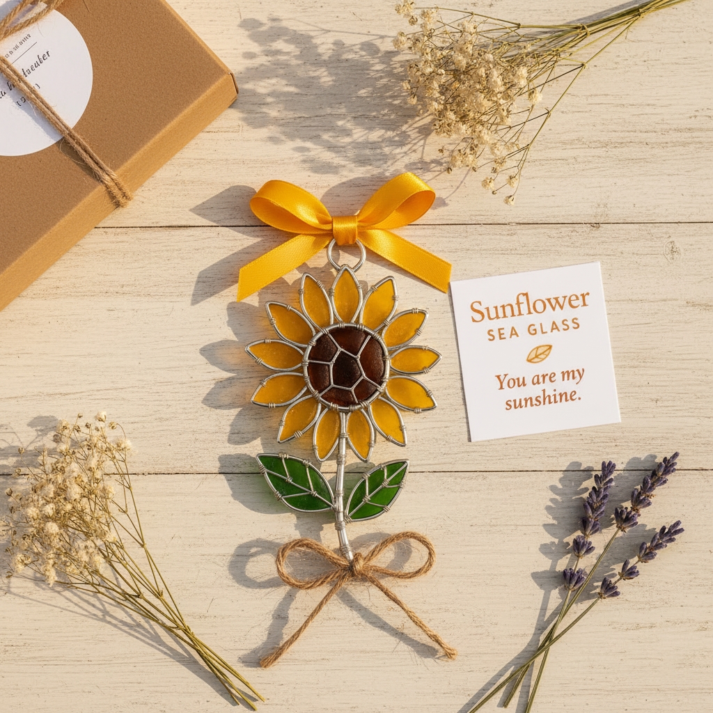 🎄The "Coastal Blooms" Collection: Handmade Sea Glass Flower Ornaments with Meaning Card