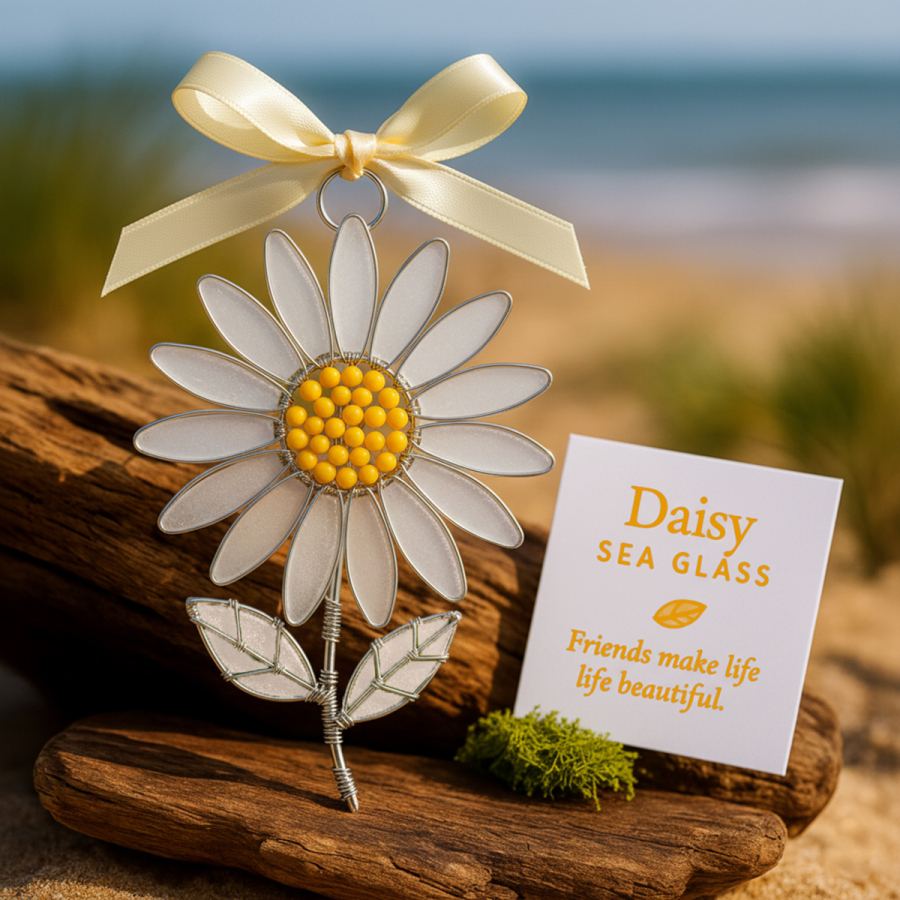 🎄The "Coastal Blooms" Collection: Handmade Sea Glass Flower Ornaments with Meaning Card